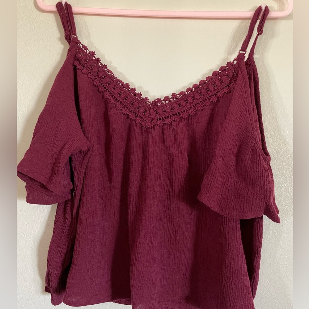 Ambiance burgundy crop top short sleeve, Dark brown tank top lace V-neck 2 pcs